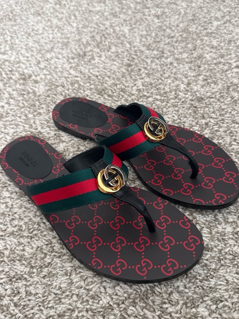Gucci Black Sandals with Green & Red Web and Gold GG Emblem - Picture 8 of 8